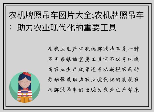 农机牌照吊车图片大全;农机牌照吊车：助力农业现代化的重要工具