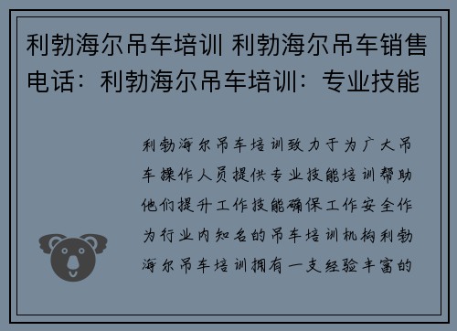 利勃海尔吊车培训 利勃海尔吊车销售电话：利勃海尔吊车培训：专业技能提升，安全第一